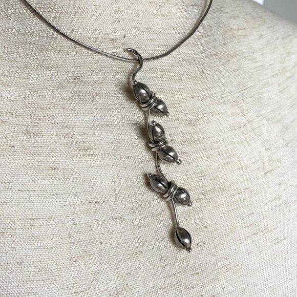 VTG Sterling Silver 925 Hand-wrought Modernist Beaded Floral Acorn Wire Necklace - Picture 11 of 16